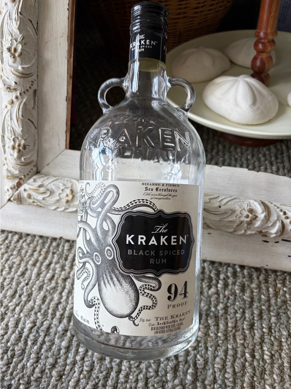 The Kraken Black Spiced Rum Bottle (empty) - Clear Glass w: Black & White Label